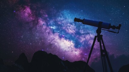 Telescope silhouetted against starry night sky with Milky Way visible