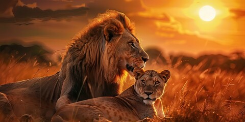 Lion and lioness on the background of the evening savannah, king and queen of beasts, majesty and nobility, sunset, predators, background, wallpaper. - obrazy, fototapety, plakaty