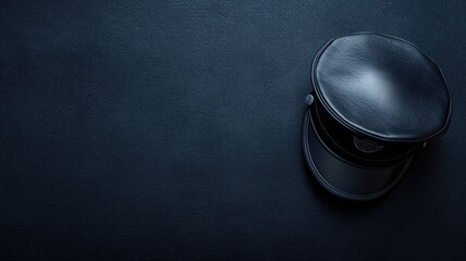 Round black leather stool on textured dark blue background, creating minimalist and sleek look - obrazy, fototapety, plakaty