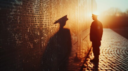 Silhouette of soldier standing by memorial wall during sunset with reflective expression