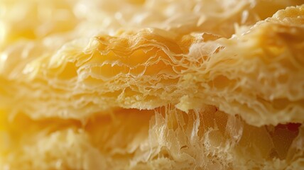 Close-up of flaky, layered pastry with golden crisp layers highlighting its texture