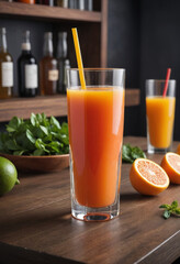 Fototapeta premium Advertising poster style Profeasional photo about a glass of fresh juice on bar table . Professional, modern, product-focused, commercial, eye-catching, highly detailed