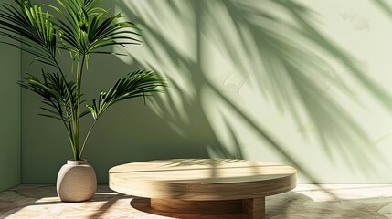 3D wooden podium with leaf shadow on green background. Cosmetics or beauty product display mockup. Natural stone pedestal. Trendy banner for search engines.