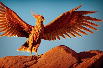 A large, golden eagle perched on top of a rocky outcropping, with its wings spread wide and its beak open in a fierce - obrazy, fototapety, plakaty