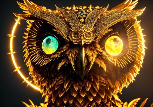 An illustration of an owl with glowing eyes and a crown on its head.