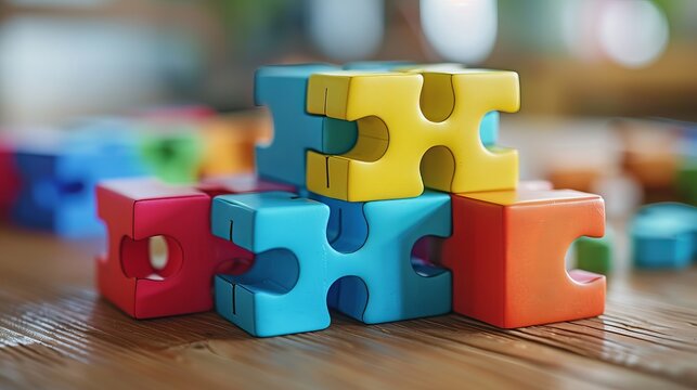 3D ABC building blocks, like jigsaw puzzles, are symbols of business teamwork and children's cognitive development, emphasizing collaboration and partnerships.