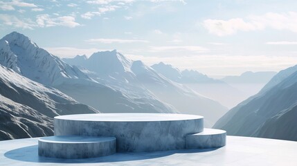 3D abstract geometric podium against a scenic mountain backdrop. Ideal for showcasing products or concepts in a minimalist and visually striking setting.