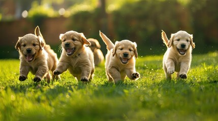 Puppies romp on lush green grass, tails wagging with excitement - obrazy, fototapety, plakaty