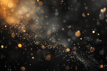 Abstract defocused bokeh yellow lights, golden dust, particles on black background