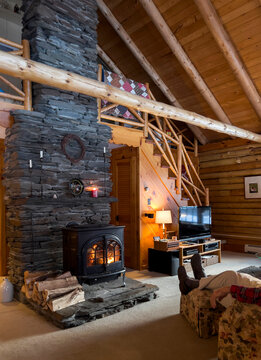 Rustic Log Cabin winter cold Vermont wood burning stove fireplace 