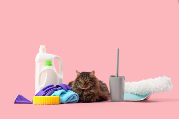 Cute cat with detergents and cleaning supplies on pink background