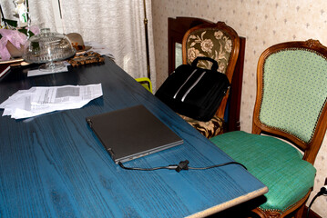 Home still life table with laptop
