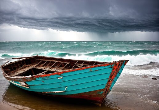 A small boat sitting on the beach in front of a stormy ocean.