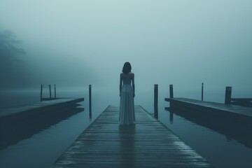 a woman standing on a dock in the foggy morning - Powered by Adobe