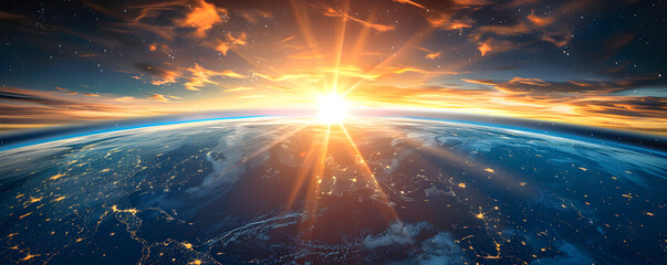 Sunrise over Earth in space illustration depicting the beauty and magnificence of the natural wonder.