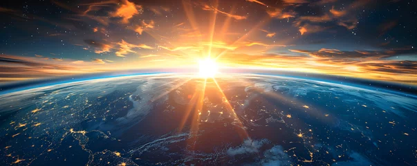 Foto op Plexiglas Sunrise over Earth in space illustration depicting the beauty and magnificence of the natural wonder. © ELmahdi-AI