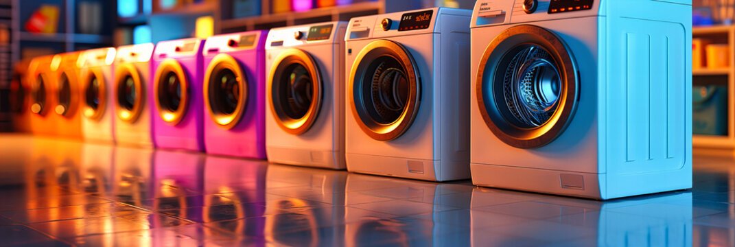 Clean Technology: A Row of Advanced Washing Machines in a Modern Laundromat, Symbolizing Efficiency and Cleanliness