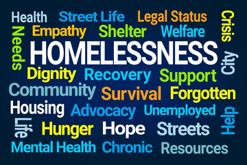 Homelessness Word Cloud on blue Background - 777739230