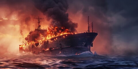Fiery Shipwreck in Stormy Seas - obrazy, fototapety, plakaty
