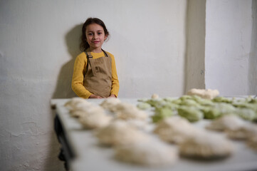 Portrait of lovely child girl, a little future chef housewife in beige kitchen apron, standing...