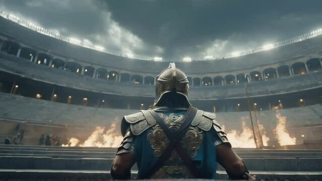 Gladiator Awaits Combat in Colosseum Amidst Flames
