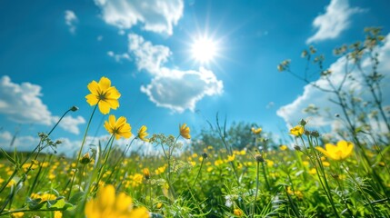A beautiful field with blooming rapeseed at sunny day. There are rapeseed flowers below and green grass on top of the sun