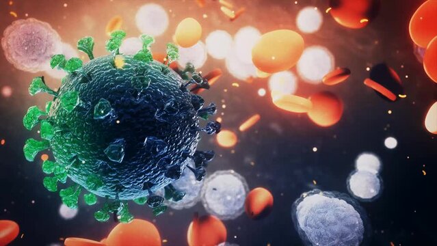 Virus Cell attacks immune system cells. Red blood cells and white blood cells vulnerable to green virus under microscope.
