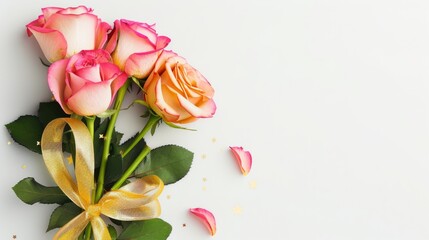 Bouquet of colorful pink roses decorated with golden silky ribbon tie isolated on white background with copy space, concept of birthday, Valentine, Christmas, pride, mother's day celebration