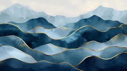 Abstract mountain backdrop in blue hues. Watercolor wallpaper adorned with golden curves, hills, sky, and dark blue. Perfect for banners, covers, wall art, home décor, and invitations.