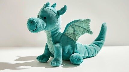 Adorable aqua dragon plushie sits on a white background, casting a shadow. The plush dinosaur toy...
