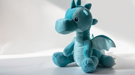 Adorable aqua dragon plushie sits on a white background, casting a shadow. The plush dinosaur toy...