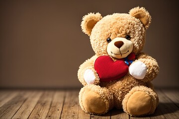 A brown teddy bear sitting on a wooden floor with a red heart in its paw.