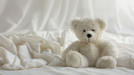 Adorable teddy bear in a pristine white setting. - obrazy, fototapety, plakaty