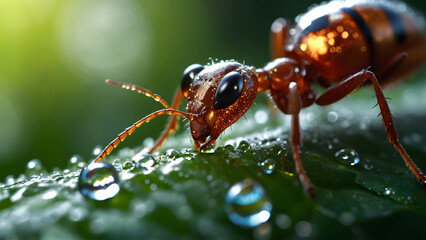 Nature's Tiny Miracle: Ant Sips Dewdrop on Leaf (Ultra-Realistic Digital Art)