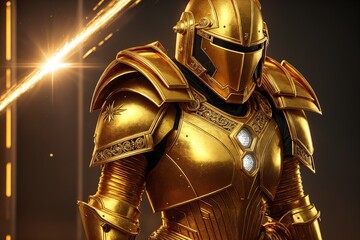 A knight in shining armor standing in front of a starry background.