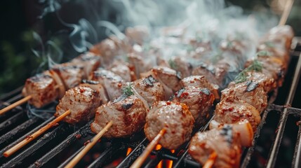 Obraz na płótnie Canvas Succulent meat skewers grilling over an open flame, seasoned with fresh herbs and spices, capturing the essence of barbecue.