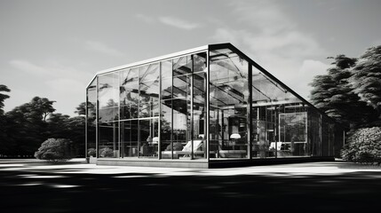 A photo of a Glass House in Black and White