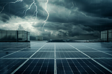 Dramatic image of solar panels against a stormy sky, illustrating the resilience of renewable energy infrastructure