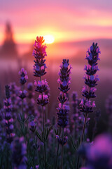 Naklejka premium Purple Lavender flower in the mist and fog, vertical background