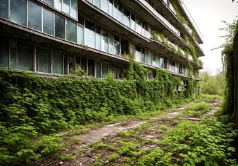 An abandoned building with overgrown vegetation growing out of the windows and walls.