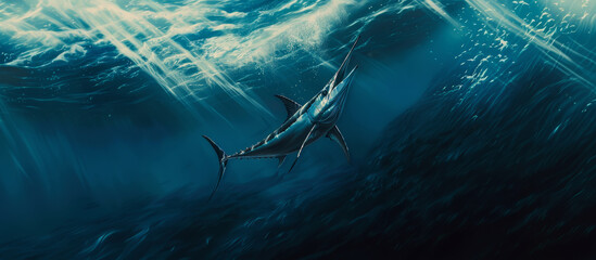 Blue Marlin fish under ocean water - obrazy, fototapety, plakaty
