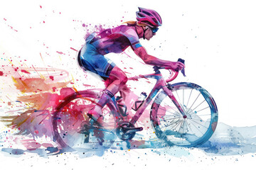Pink watercolor painting of side view woman cyclist in road bike