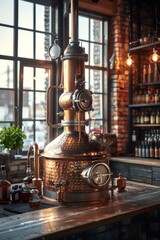 A gleaming copper distillery apparatus, exuding old-world craftsmanship, is showcased in a warm, rustic bar setting. - obrazy, fototapety, plakaty