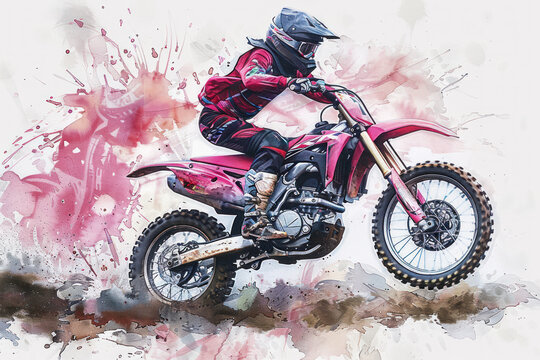 A pink watercolor painting of motocross rider on motorcycle
