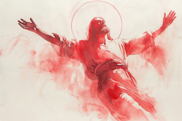 Red watercolor of Jesus Christ ascending to heaven with glowing light