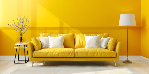 Modern Yellow Living Room Interior with Picture Frames - 3D Render