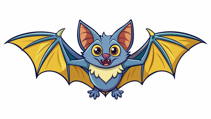 Bat character with wings open smiles showing fangs. Vector isolated on white