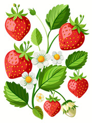 Red strawberries grow on a branch with blooming flowers. The cartoon illustration is isolated on white