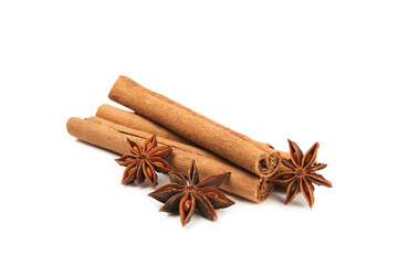 Ceylon cinnamon sticks and anise isolated on white background.Cinnamon roll and star anise. Spicy spice for baking, desserts and drinks. Fragrant ground cinnamon.Place for text. copy space.