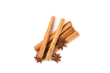 Ceylon cinnamon sticks and anise isolated on white background.Cinnamon roll and star anise. Spicy spice for baking, desserts and drinks. Fragrant ground cinnamon.Place for text. copy space.